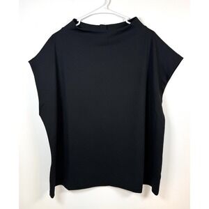 Talbots Plus Top 2X Funnel Neck Boxy Fit Cap Sleeve Black Button Closure Classic